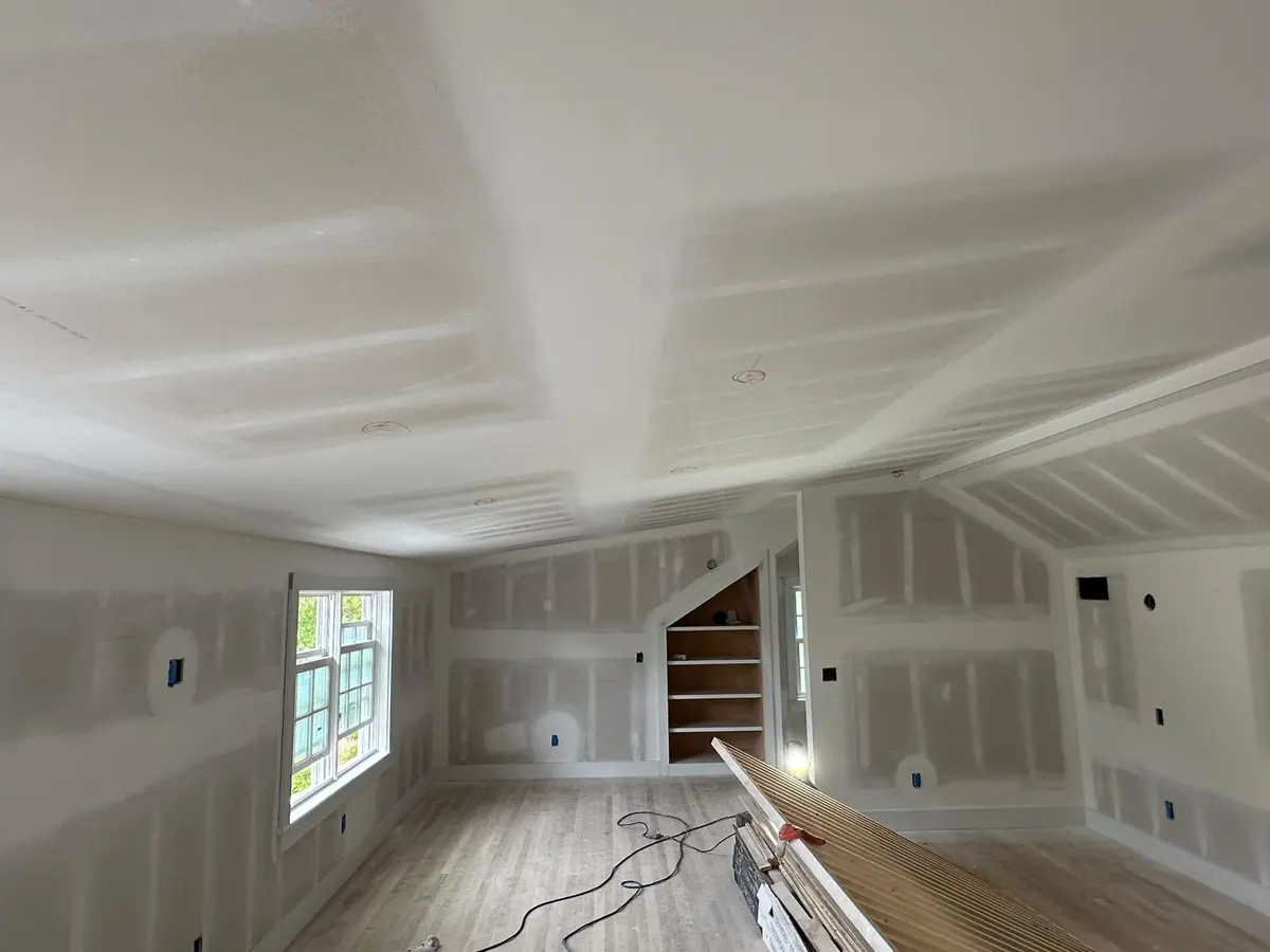 Finished vaulted ceiling drywall, ready for paint